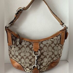 Coach Hampton Hobo Bag Crescent Purse Brown Signature Jacquard Logo Leather Trim